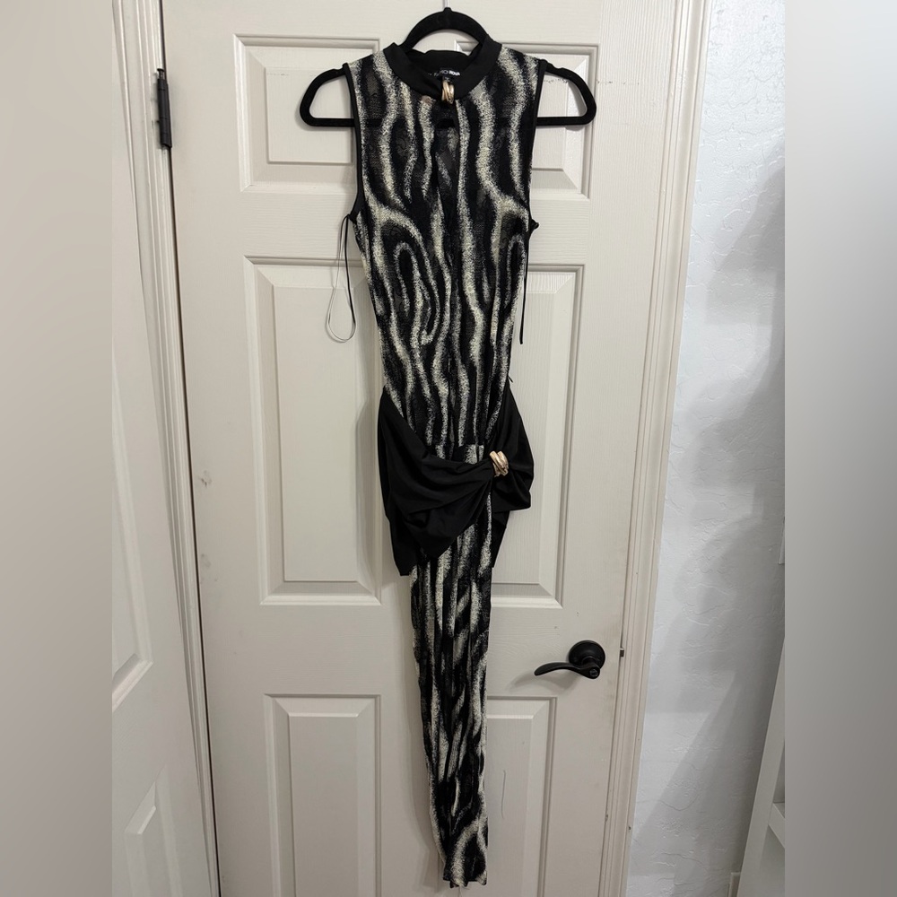 Black & White Patterned Dress with Draped Waist Detail